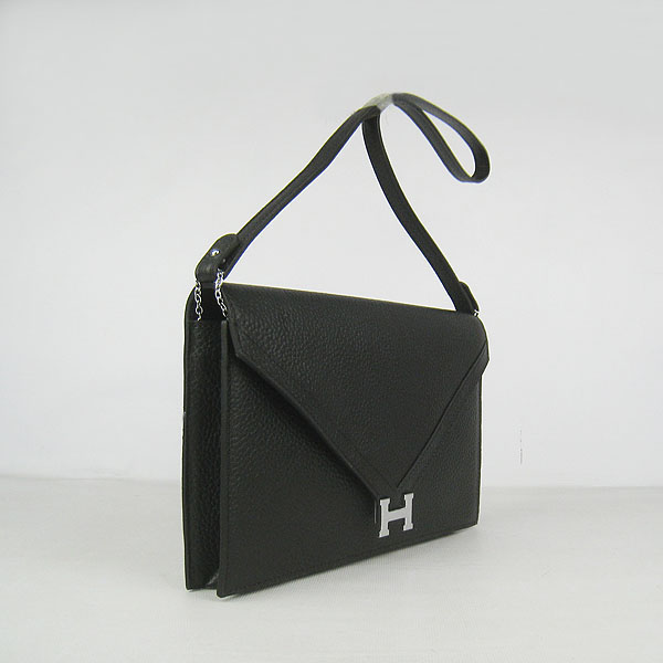 7A Hermes Togo Leather Messenger Bag Black With Silver Hardware H021 Replica - Click Image to Close